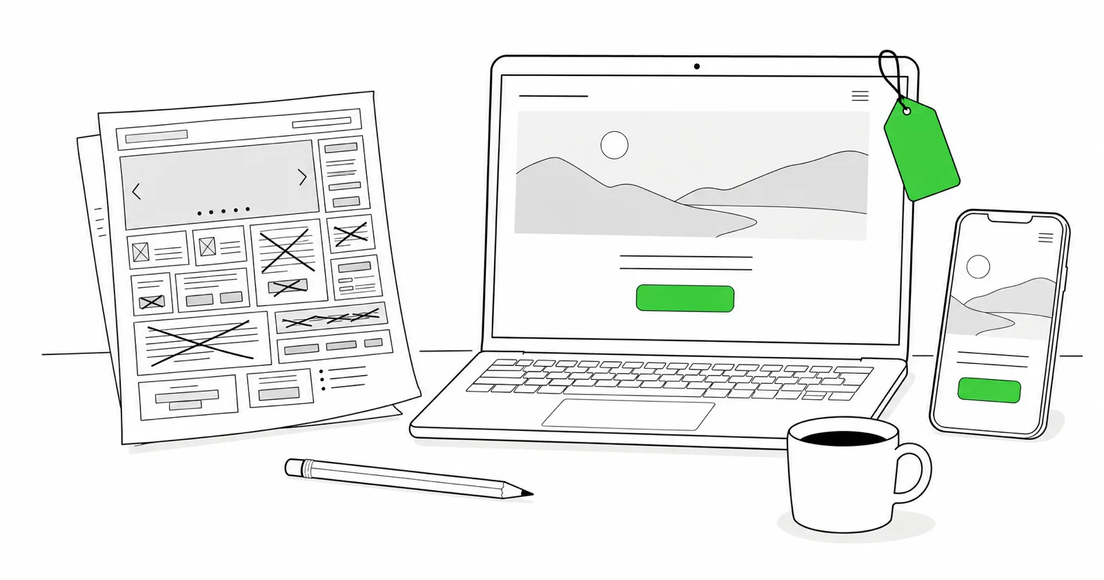 An old, cluttered web page on paper beside the same business's clean new website on a laptop and phone, with a price tag on the laptop.